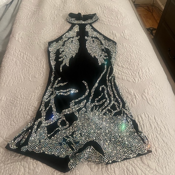 BLACK RHINESTONE SHEER MESH SLEEVELESS ROMPER Hot Miami Styles - Picture 8 of 9